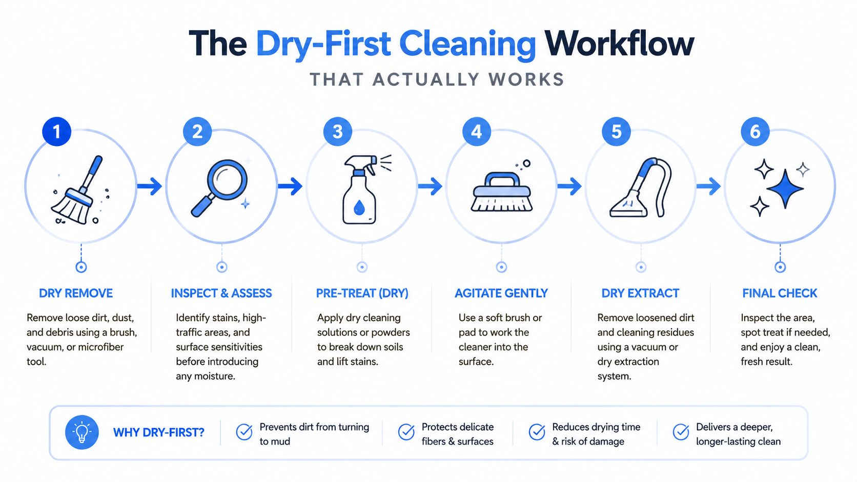A six-step infographic illustrating the dry-first cleaning process for surfaces, starting with removal and finishing with inspection.