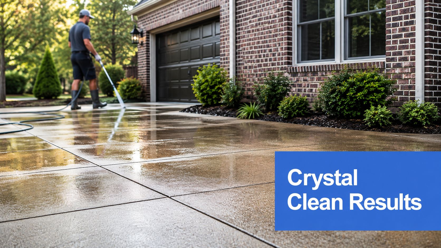 A professional pressure washing service cleaning a driveway with a high-pressure spray tool on a sunny day.