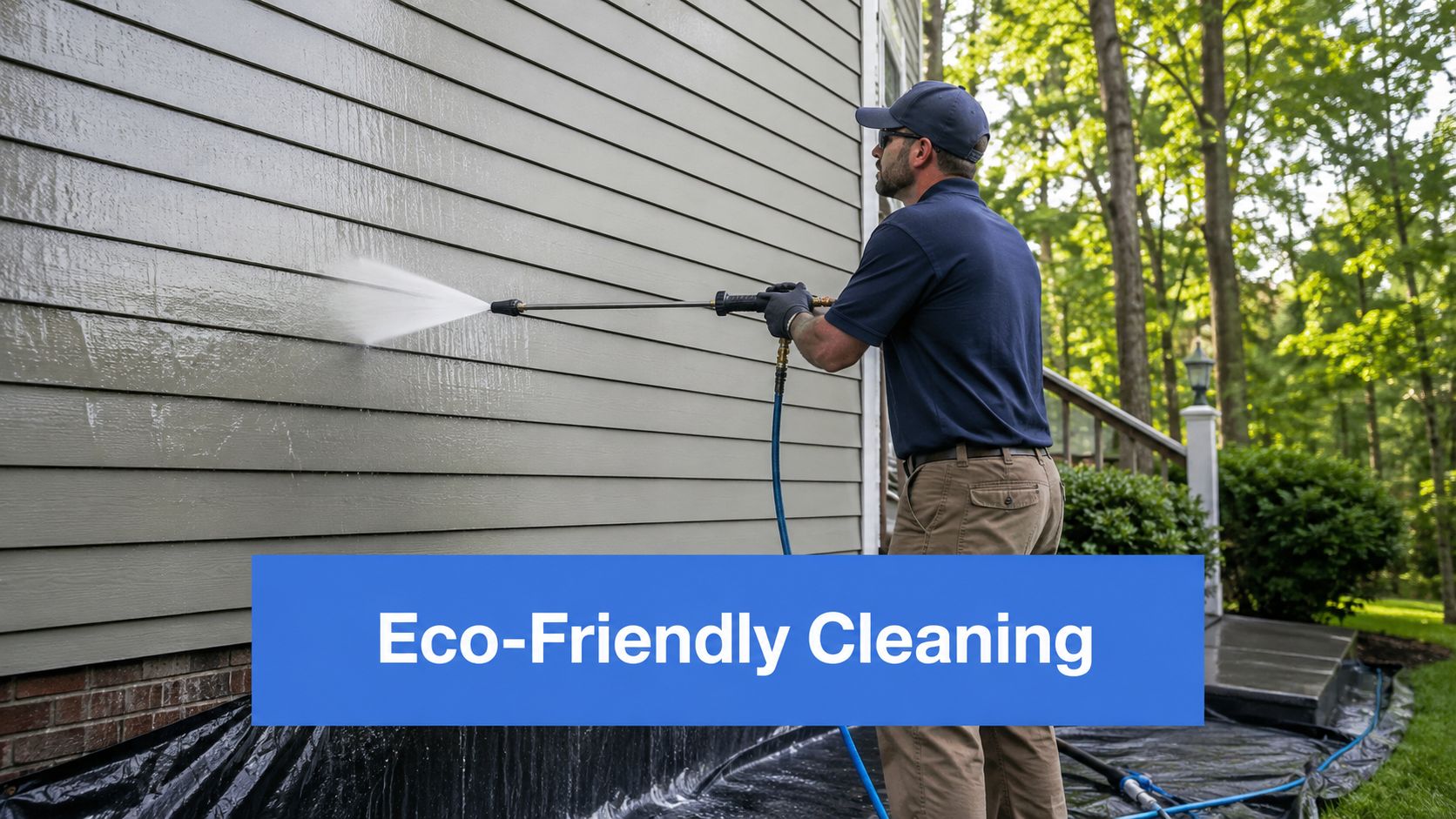 A professional service worker using a pressure washer to clean the siding of a residential house exterior.
