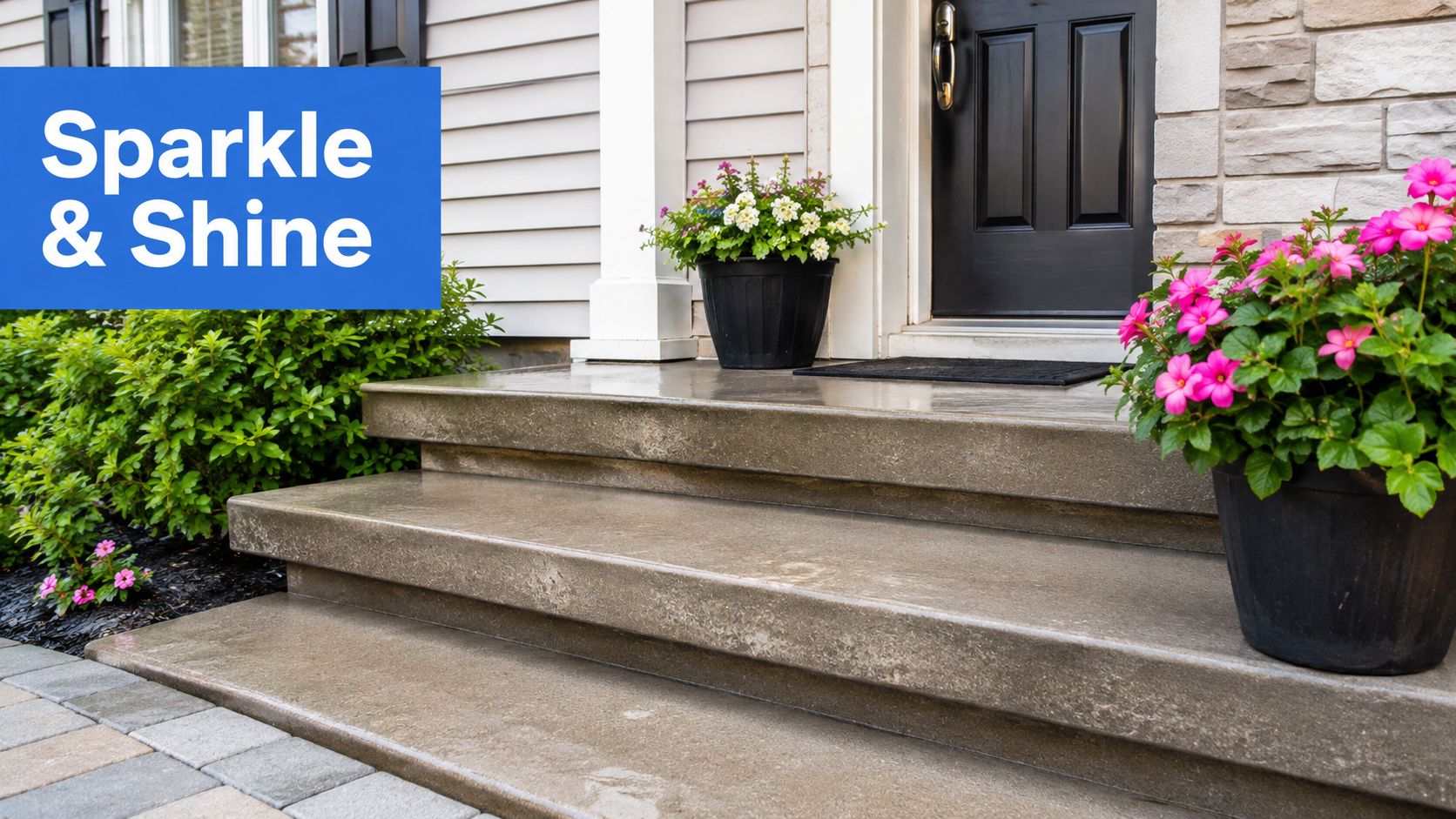 A clean concrete entryway with potted plants at the front door of a home after pressure washing.