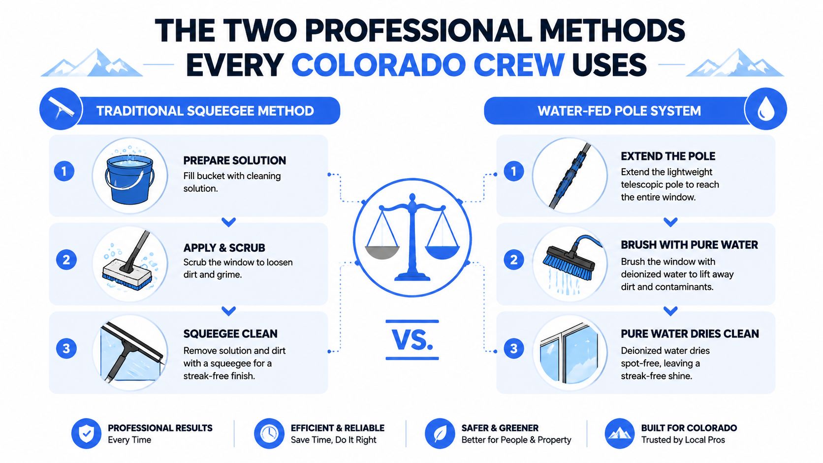 A comparison infographic showing the traditional squeegee method versus the water-fed pole system for professional window cleaning.