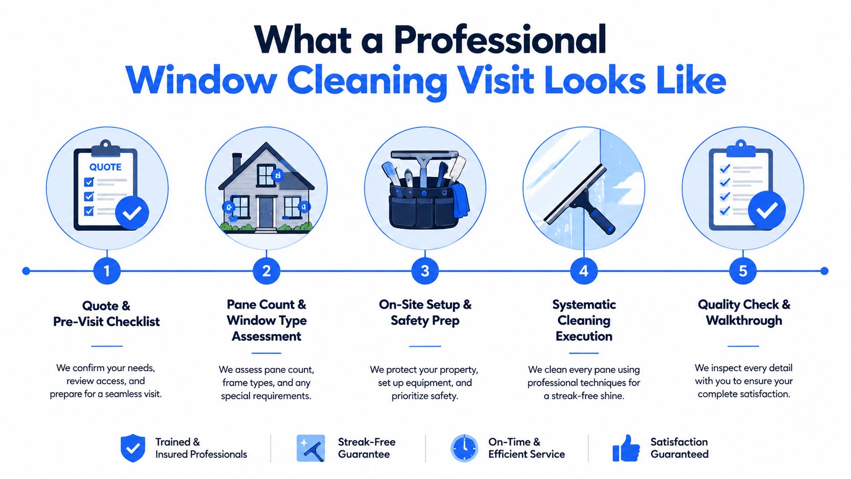 A professional window cleaning process infographic showing five steps from quoting to final quality inspection.