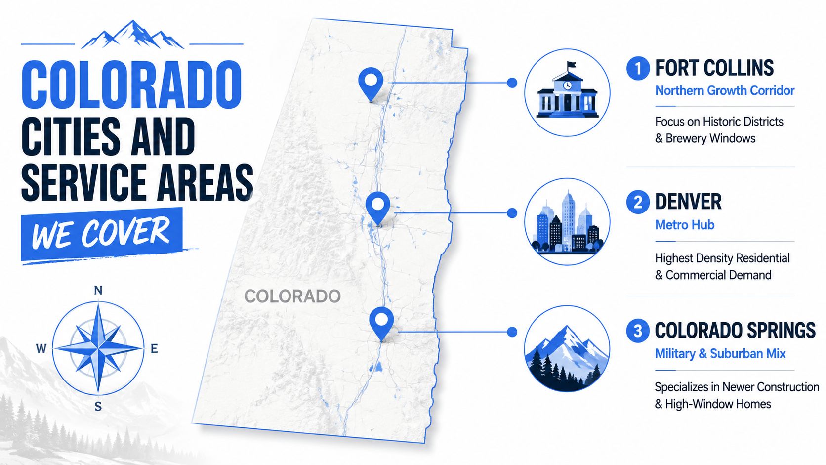 A map of Colorado highlighting service areas including Fort Collins, Denver, and Colorado Springs for window cleaning.