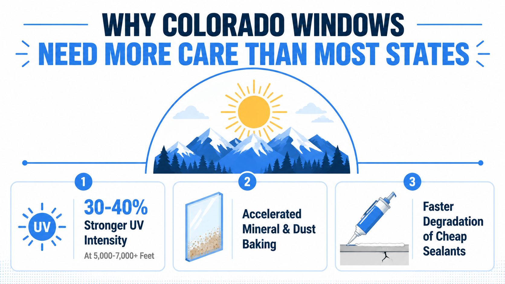 An infographic explaining why windows in Colorado require more care due to high altitude and environmental factors.