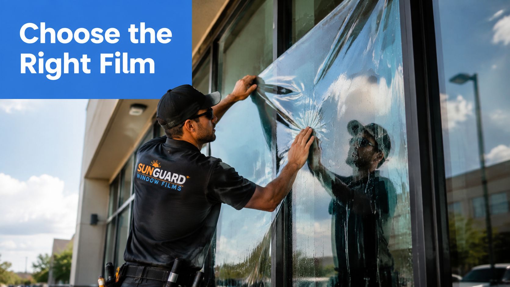 A professional technician carefully installing SunGuard solar protection window film onto a large commercial storefront glass window.