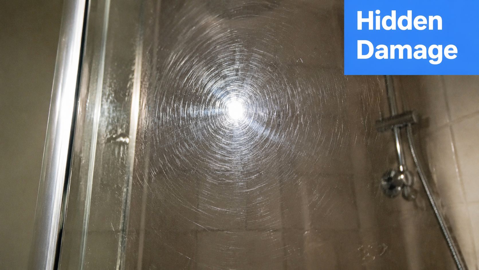 A close-up view of a shower glass door showing extensive circular swirl scratches and surface damage.
