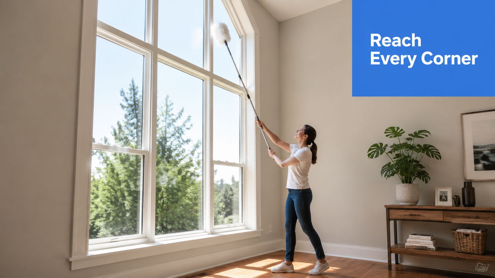 A woman uses a long duster on a pole to clean a high window in a living room.