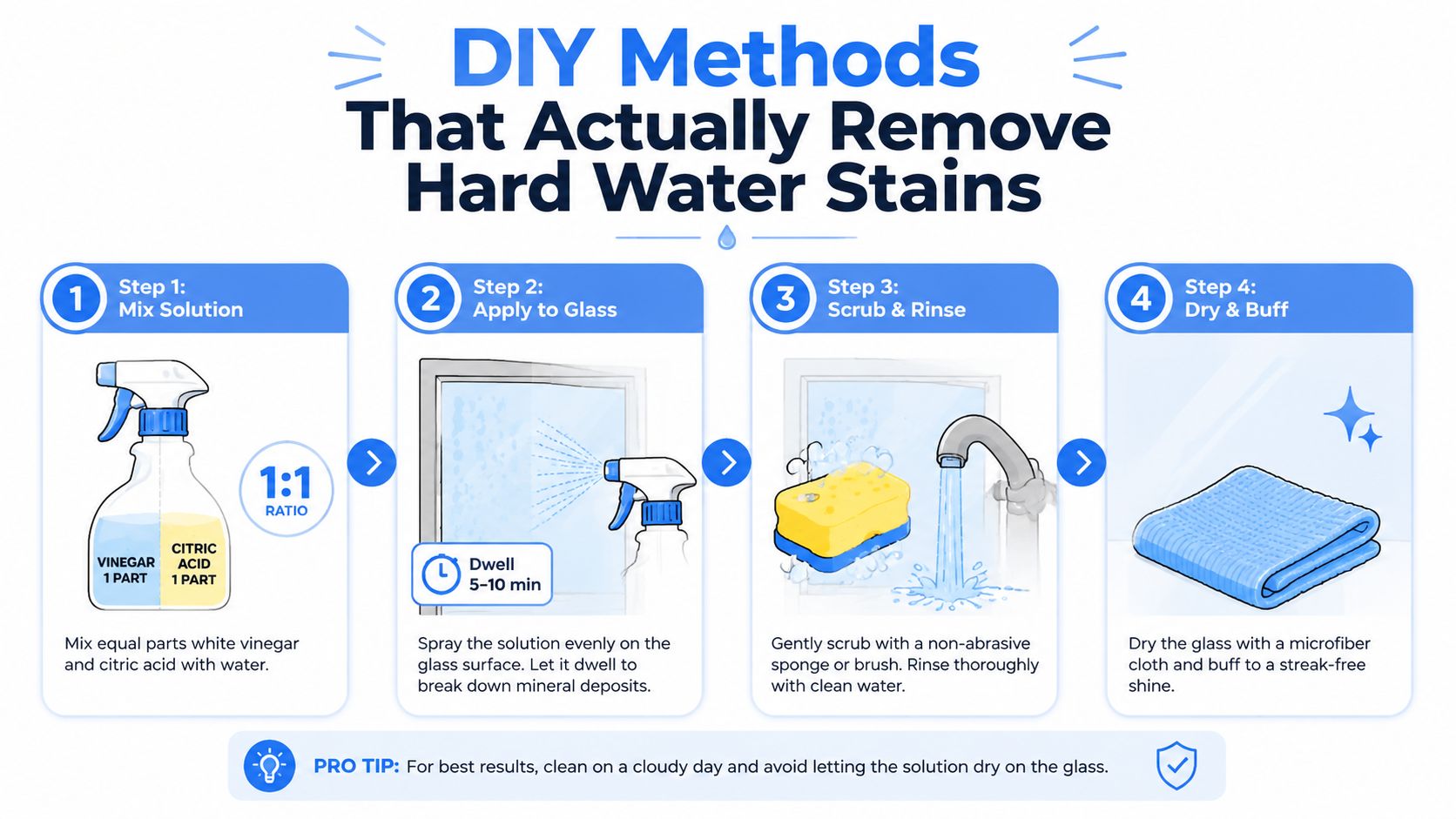 A four-step infographic showing how to remove hard water stains from glass using a vinegar and acid solution.