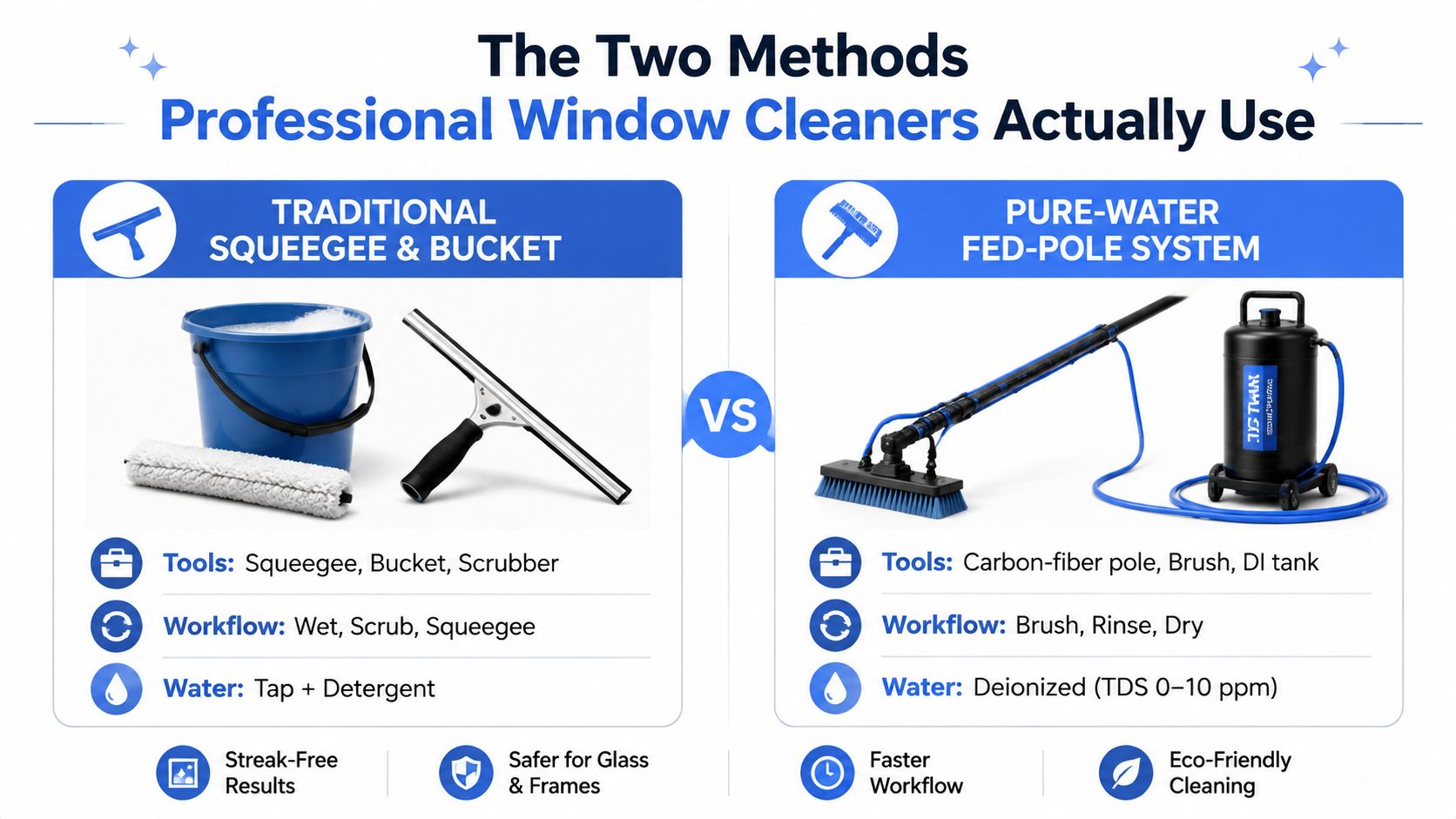 A comparison infographic showing traditional squeegee and bucket methods versus modern pure-water fed-pole window cleaning systems.