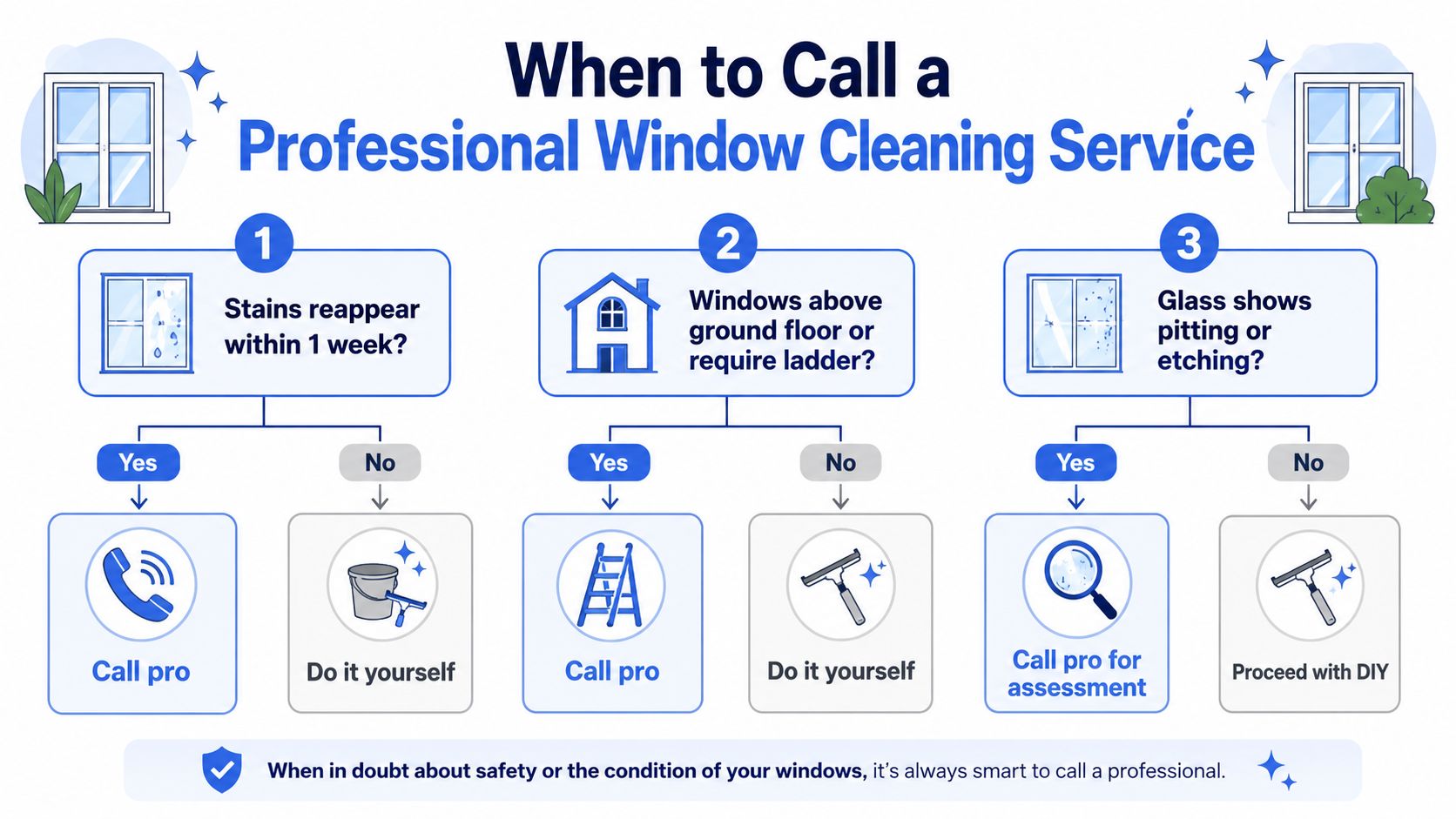 A flowchart guide explaining when to hire professional window cleaners versus performing DIY cleaning tasks.
