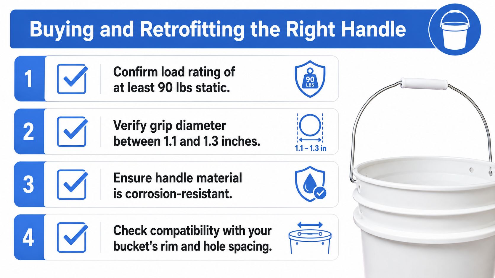 An instructional infographic titled Buying and Retrofitting the Right Handle, featuring a white plastic bucket.