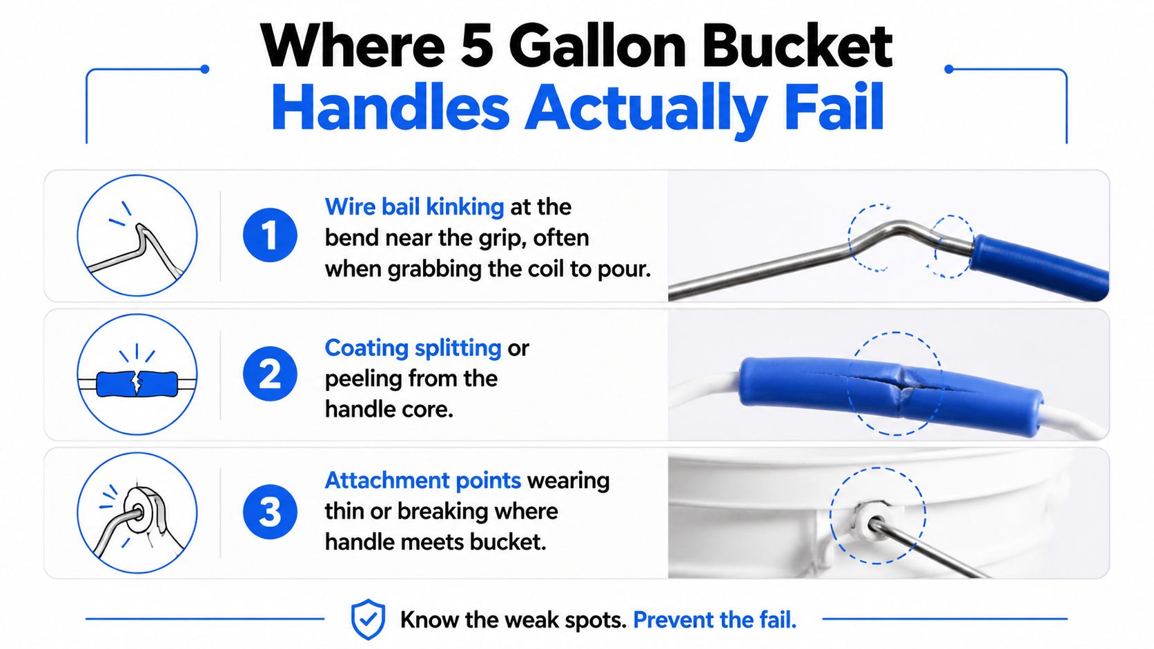 An infographic illustrating three common points of failure for five-gallon bucket handles, including wire kinking, coating splitting, and attachment wear.
