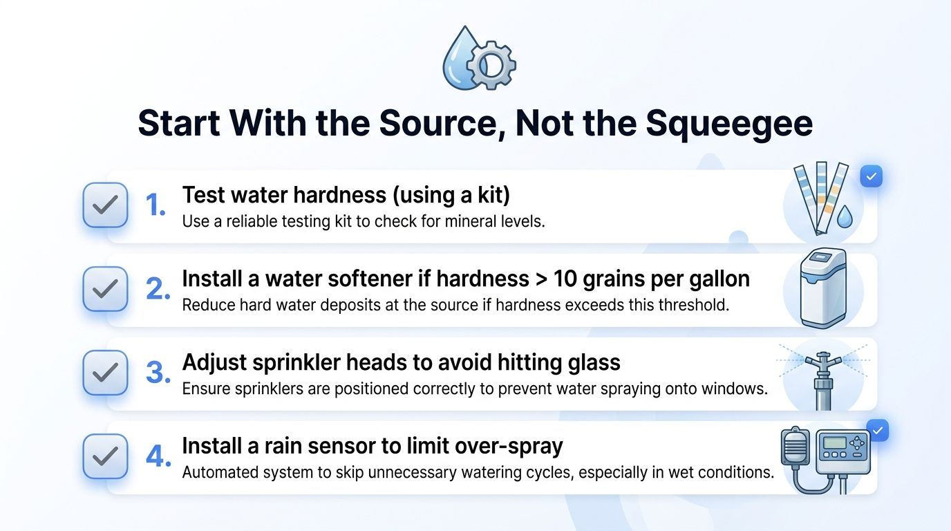 An infographic titled Start With the Source, Not the Squeegee showing four steps to prevent hard water stains.