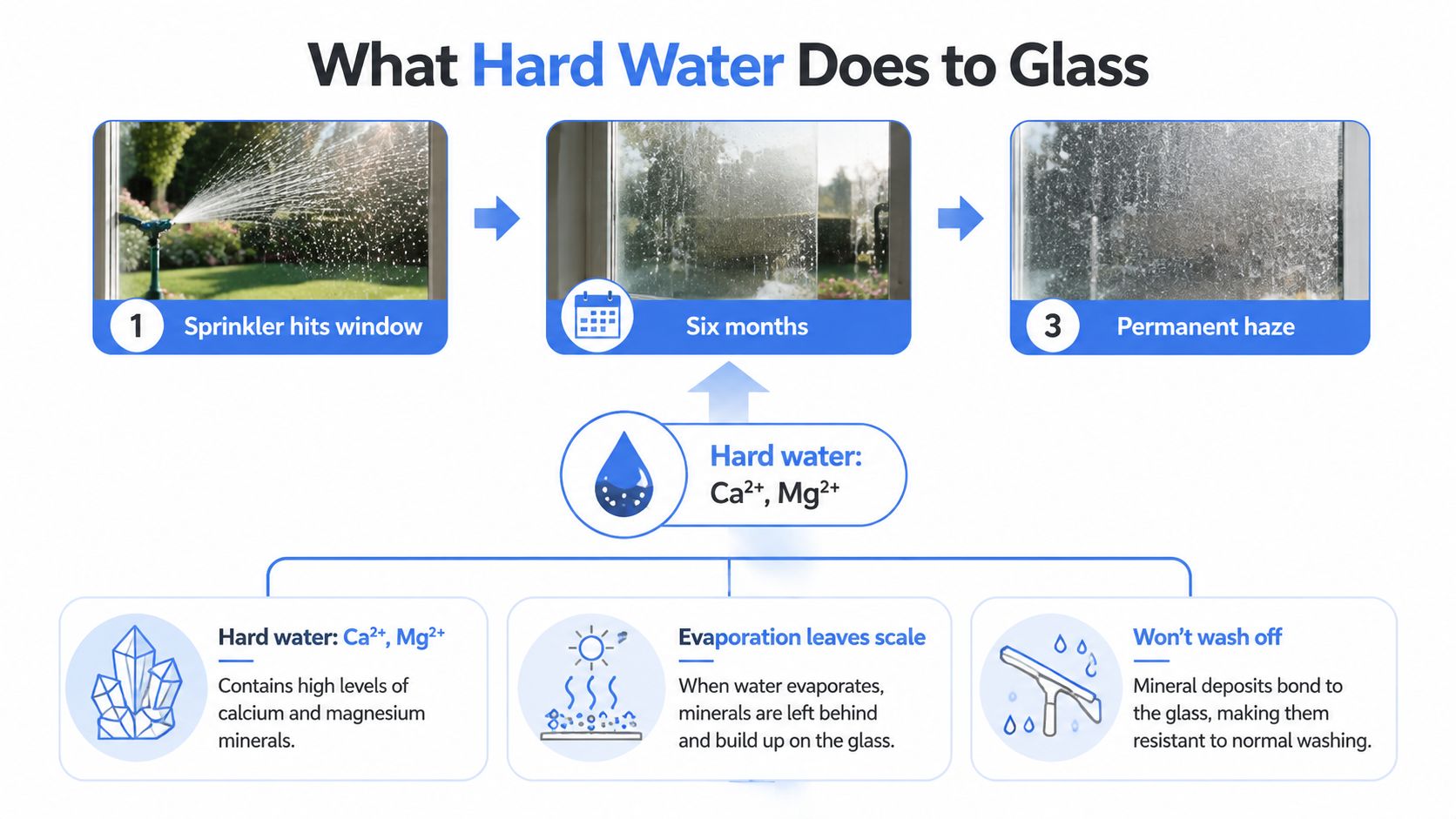 A diagram explaining how hard water minerals cause permanent haze and scale buildup on glass windows over time.