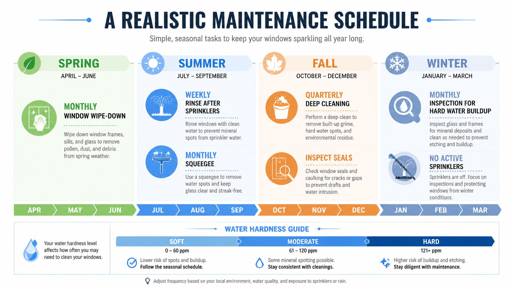 An infographic detailing a seasonal window maintenance schedule with tips for managing hard water buildup.