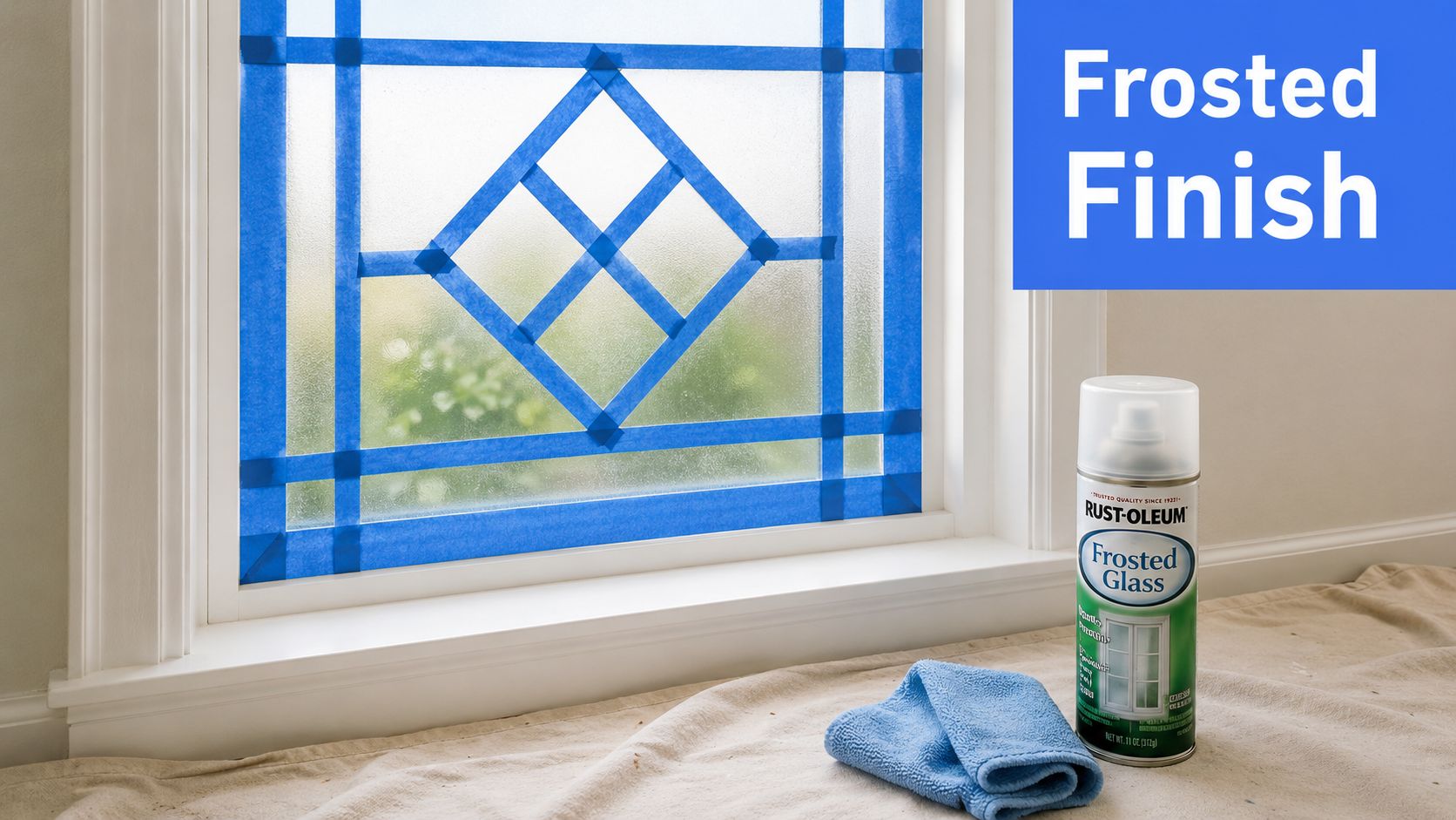 A window with blue painter's tape in a geometric pattern next to a can of frosted glass spray.