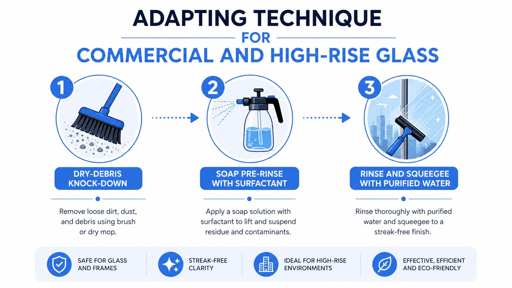 An infographic showing a three-step cleaning process for high-rise commercial glass using professional techniques and equipment.