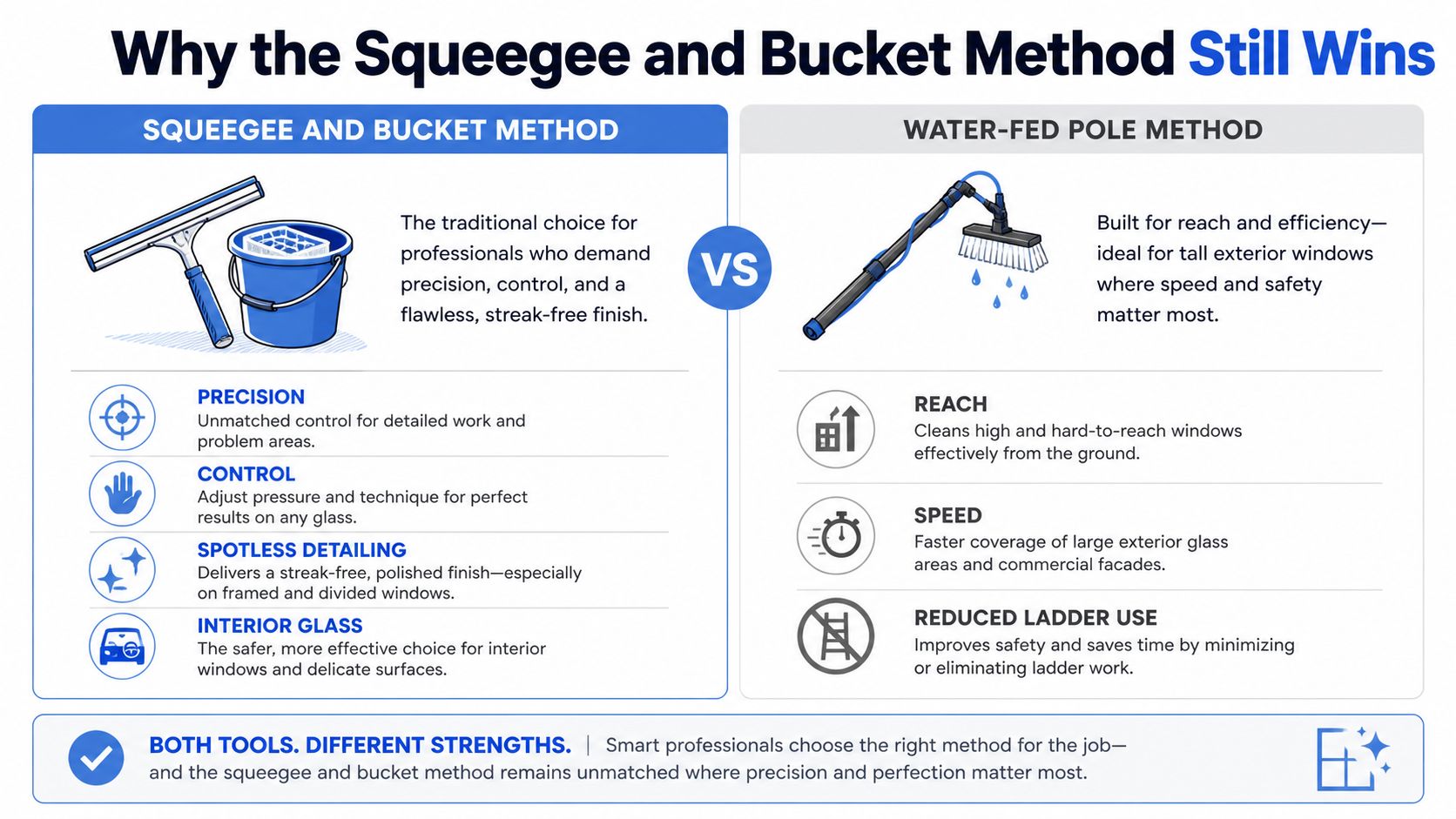 A comparison infographic between the traditional squeegee and bucket method versus the modern water-fed pole cleaning method.