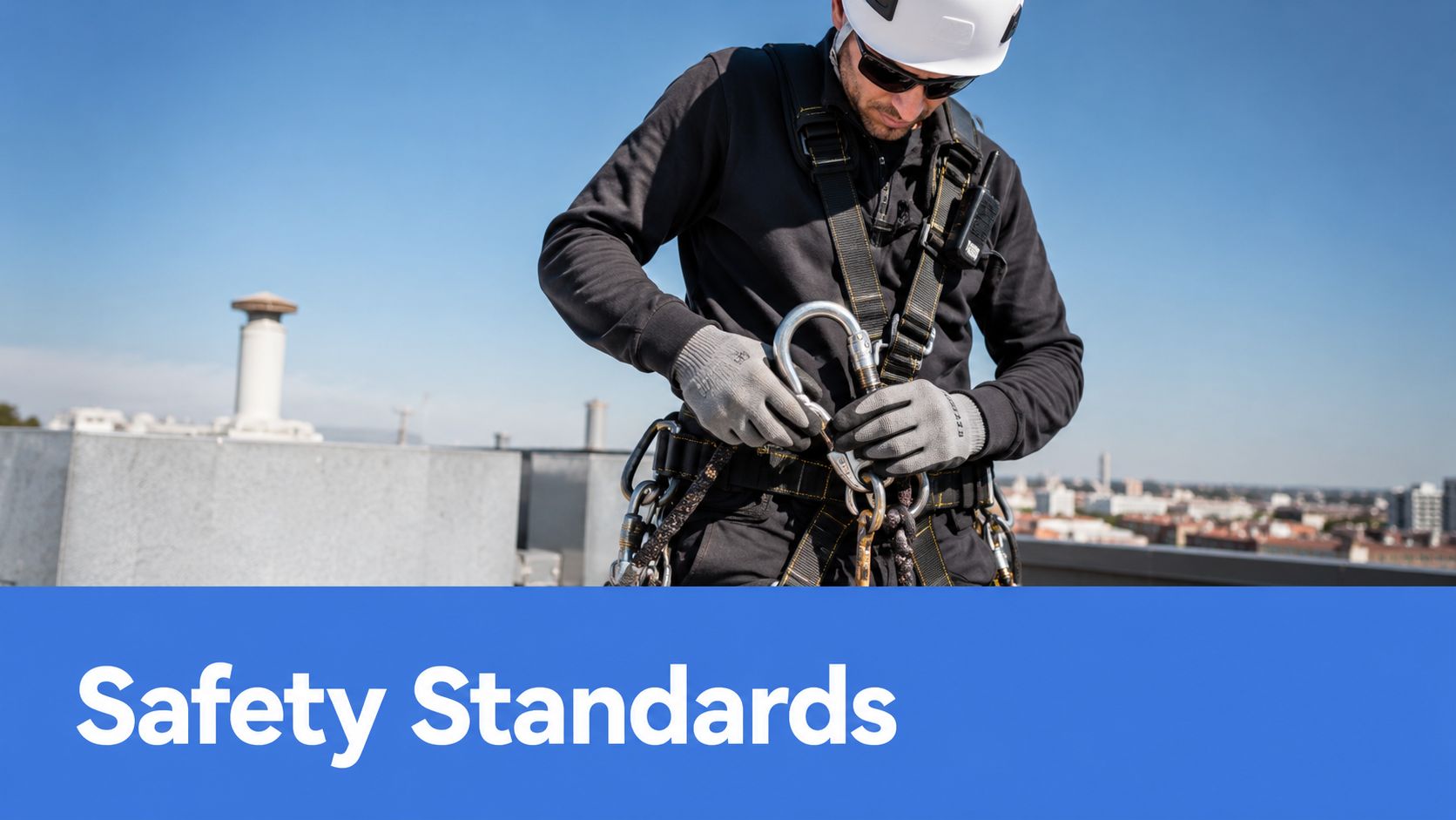 A professional construction worker wearing safety gear and a harness working on a rooftop.