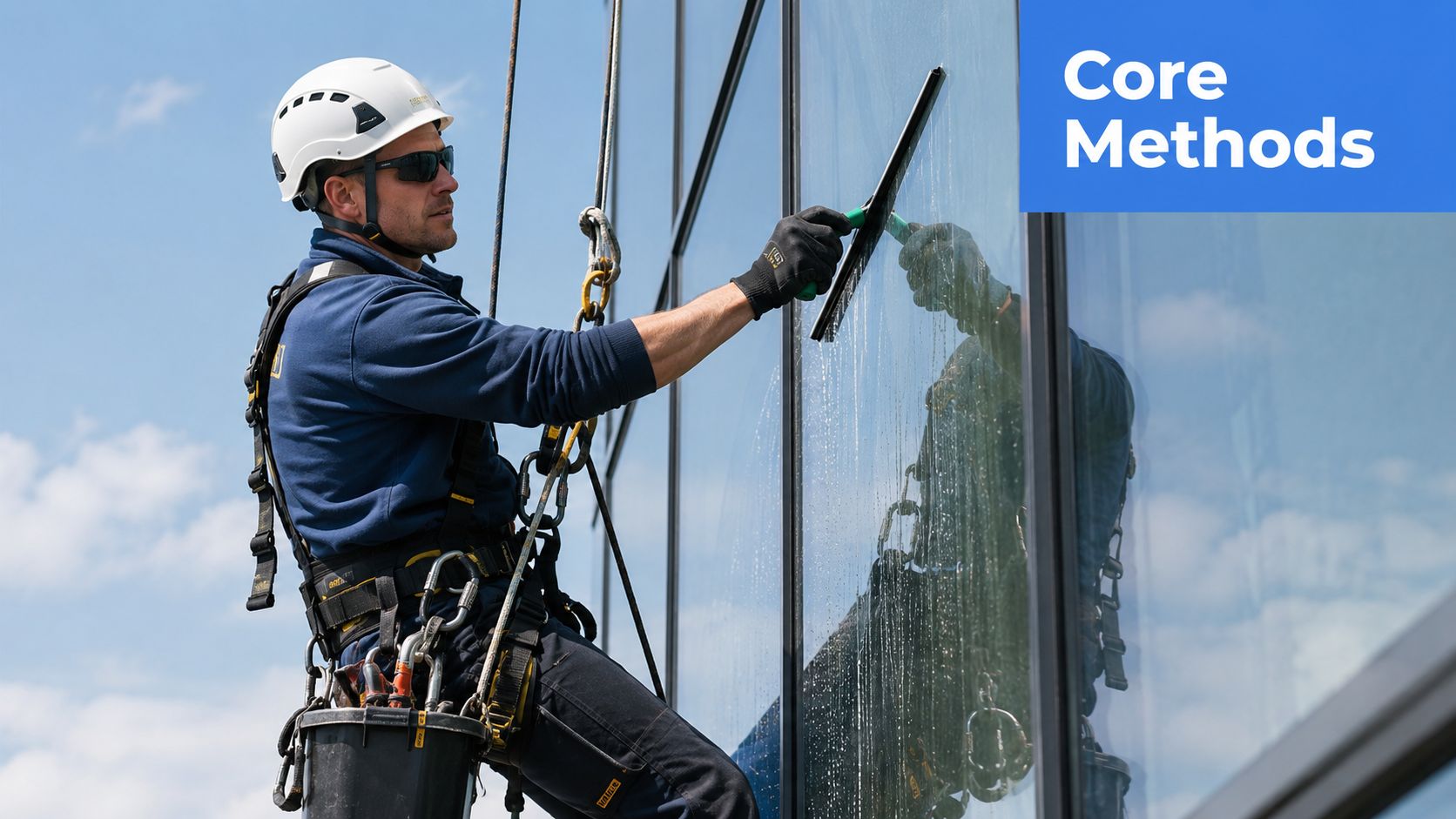 A professional window washer wearing safety gear and a harness cleaning a large glass building exterior.