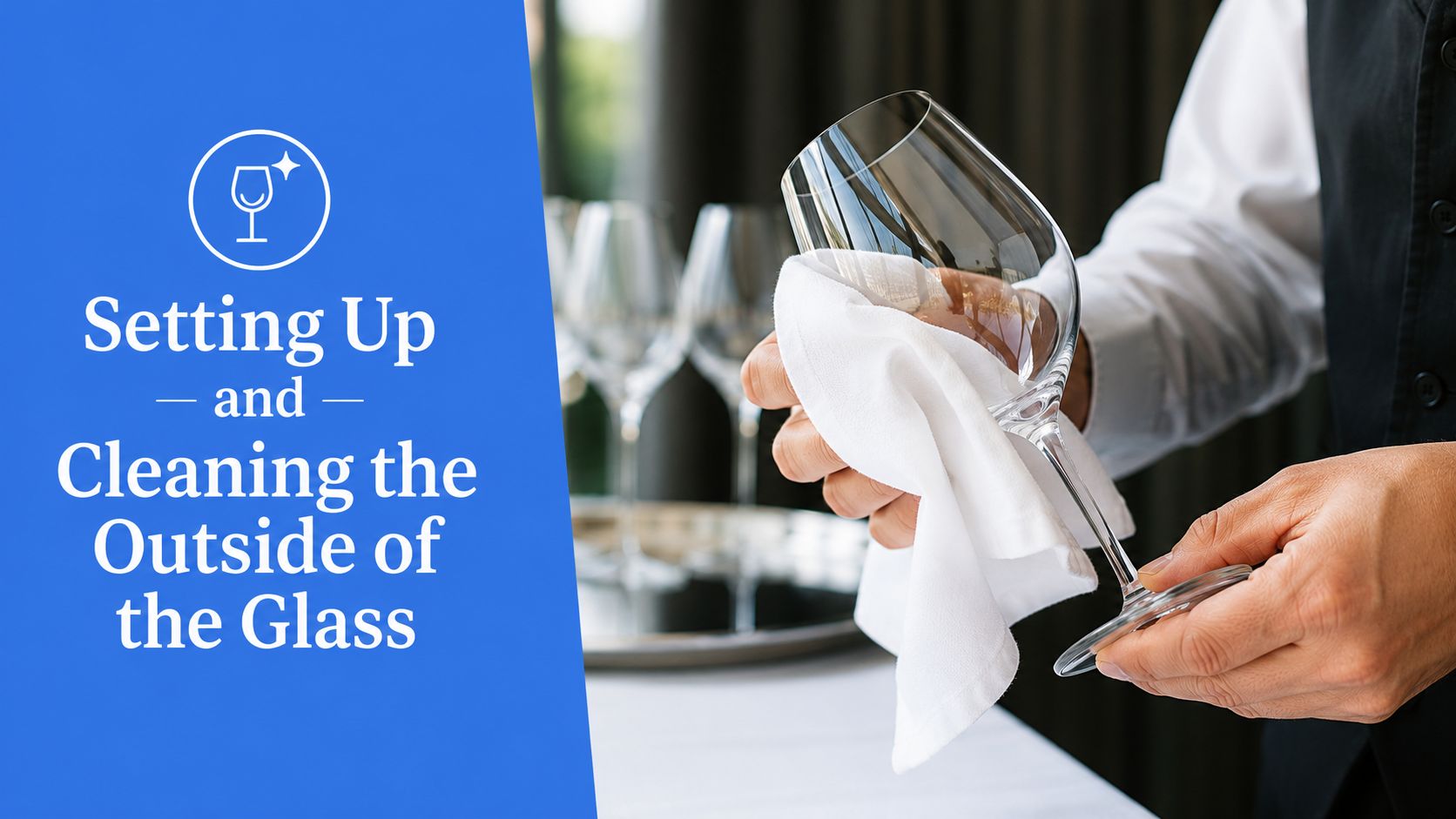 A waiter in a uniform carefully polishes a wine glass with a clean white cloth.