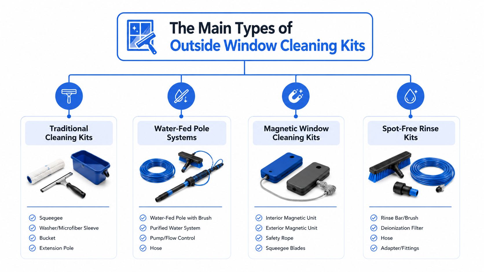 A chart detailing the four main types of outside window cleaning kits with their specific components.