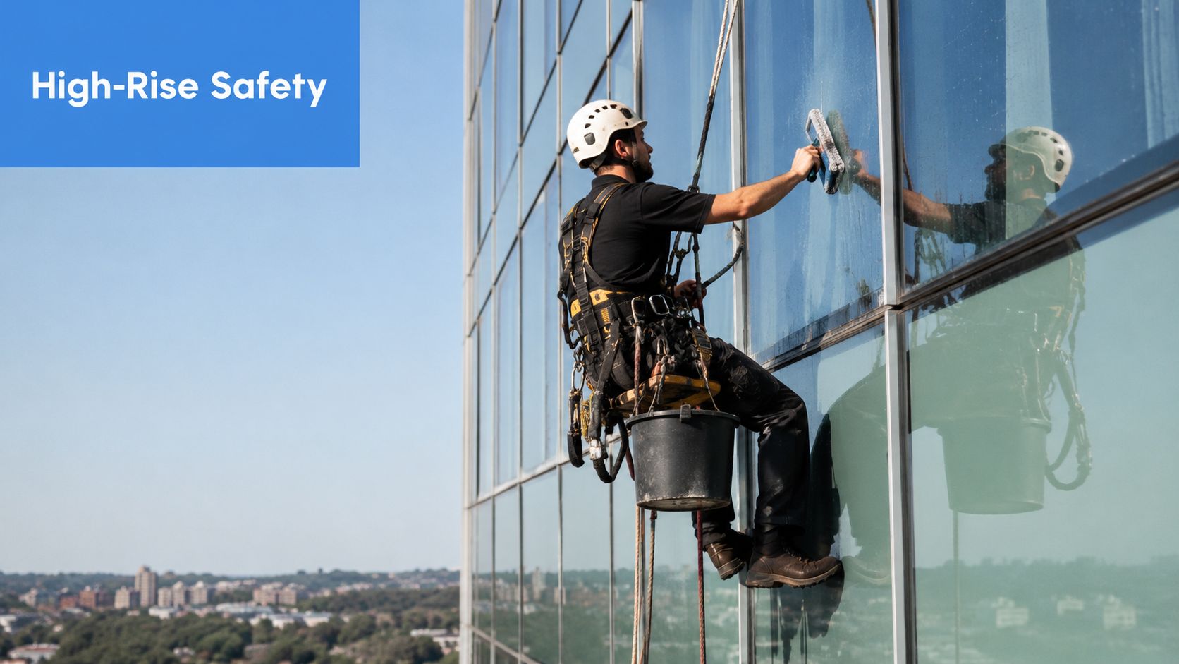 A professional window cleaner wearing safety harness and helmet cleaning tall skyscraper glass windows outside.