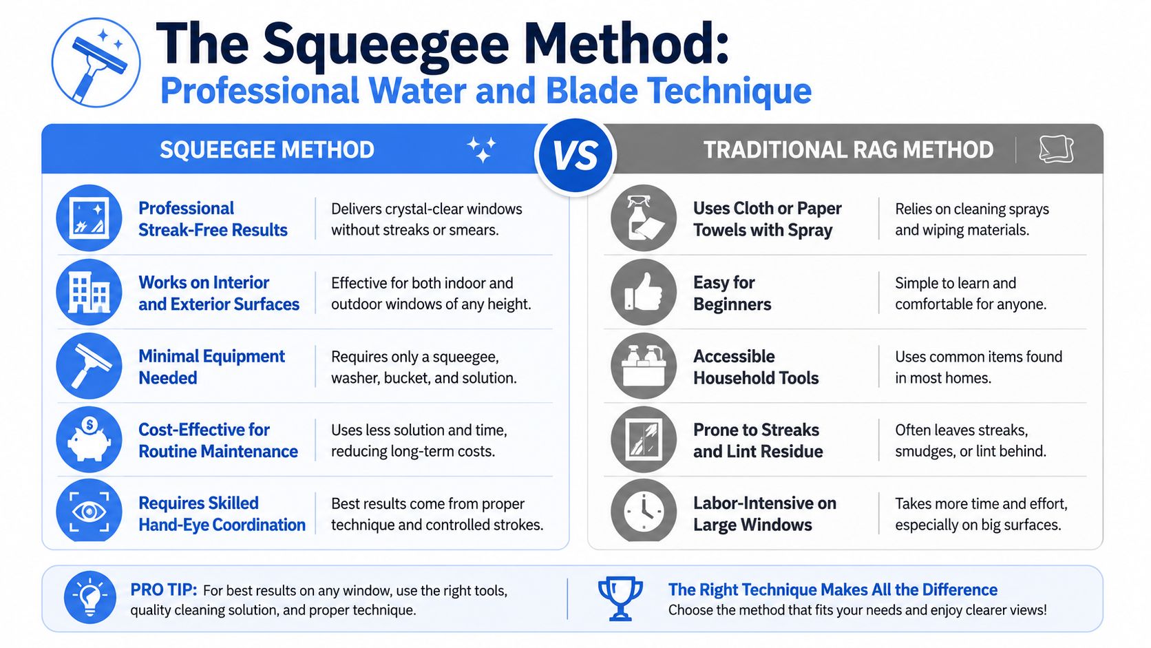 A comparison infographic between the professional squeegee method and the traditional rag method for cleaning windows.