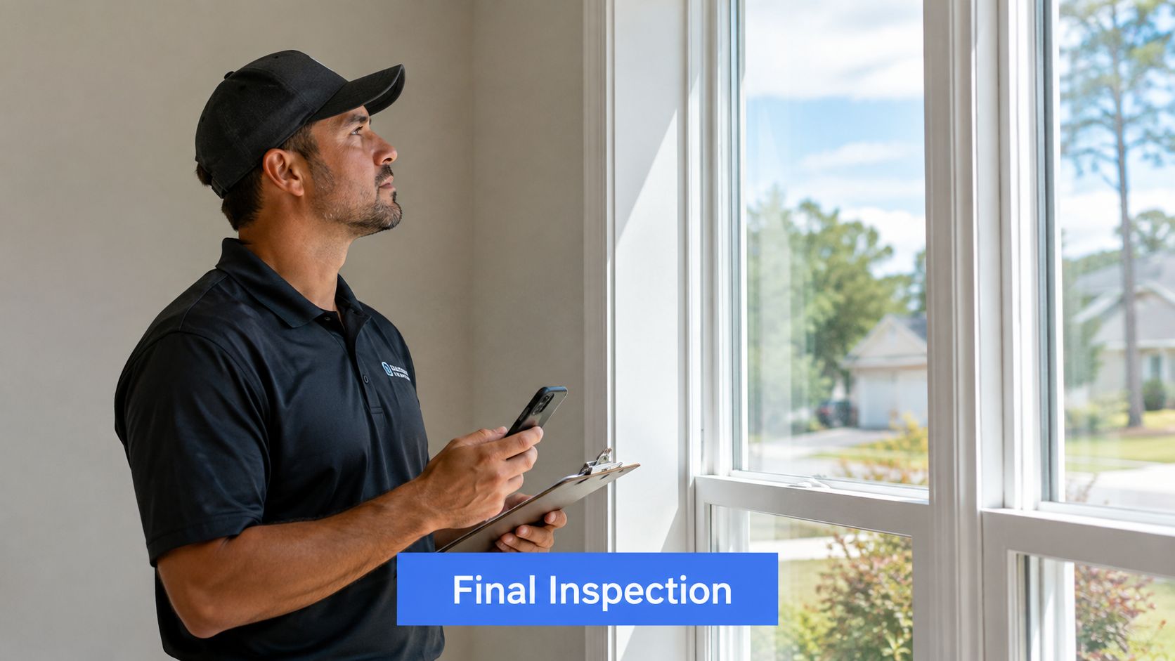 A professional home inspector in a black uniform examines a clean window with a clipboard and smartphone.