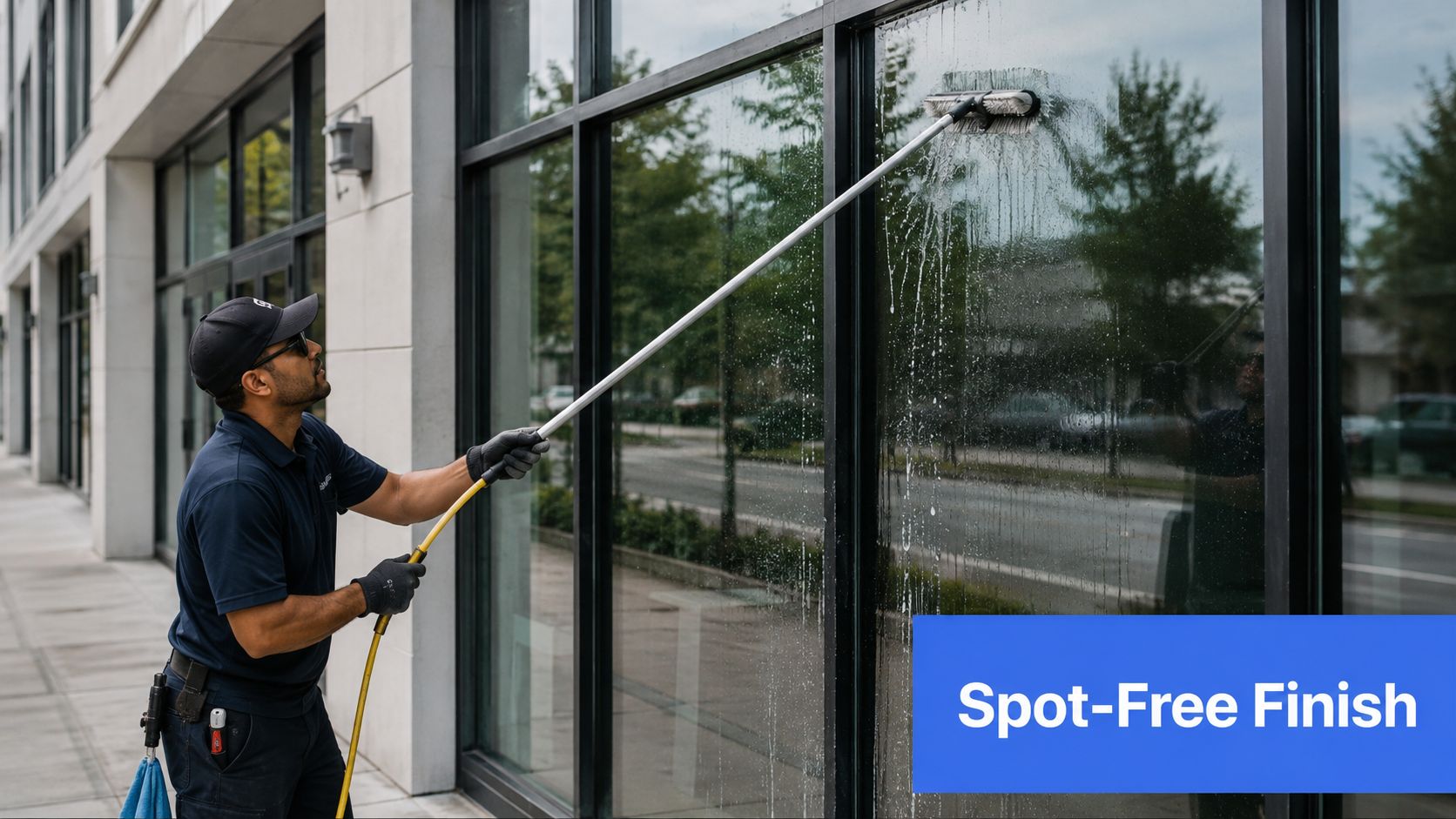 A professional window cleaner wearing a cap and gloves scrubs a glass storefront with an extension pole.