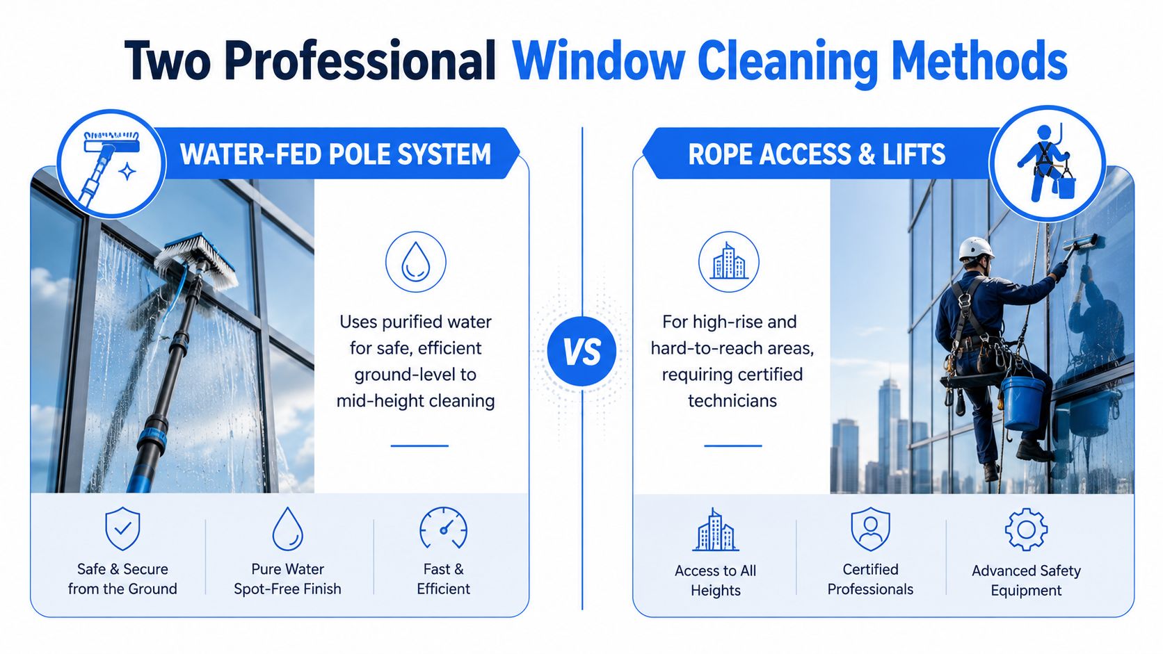 A comparison infographic showing two professional window cleaning methods: water-fed pole systems versus rope access and lifts.