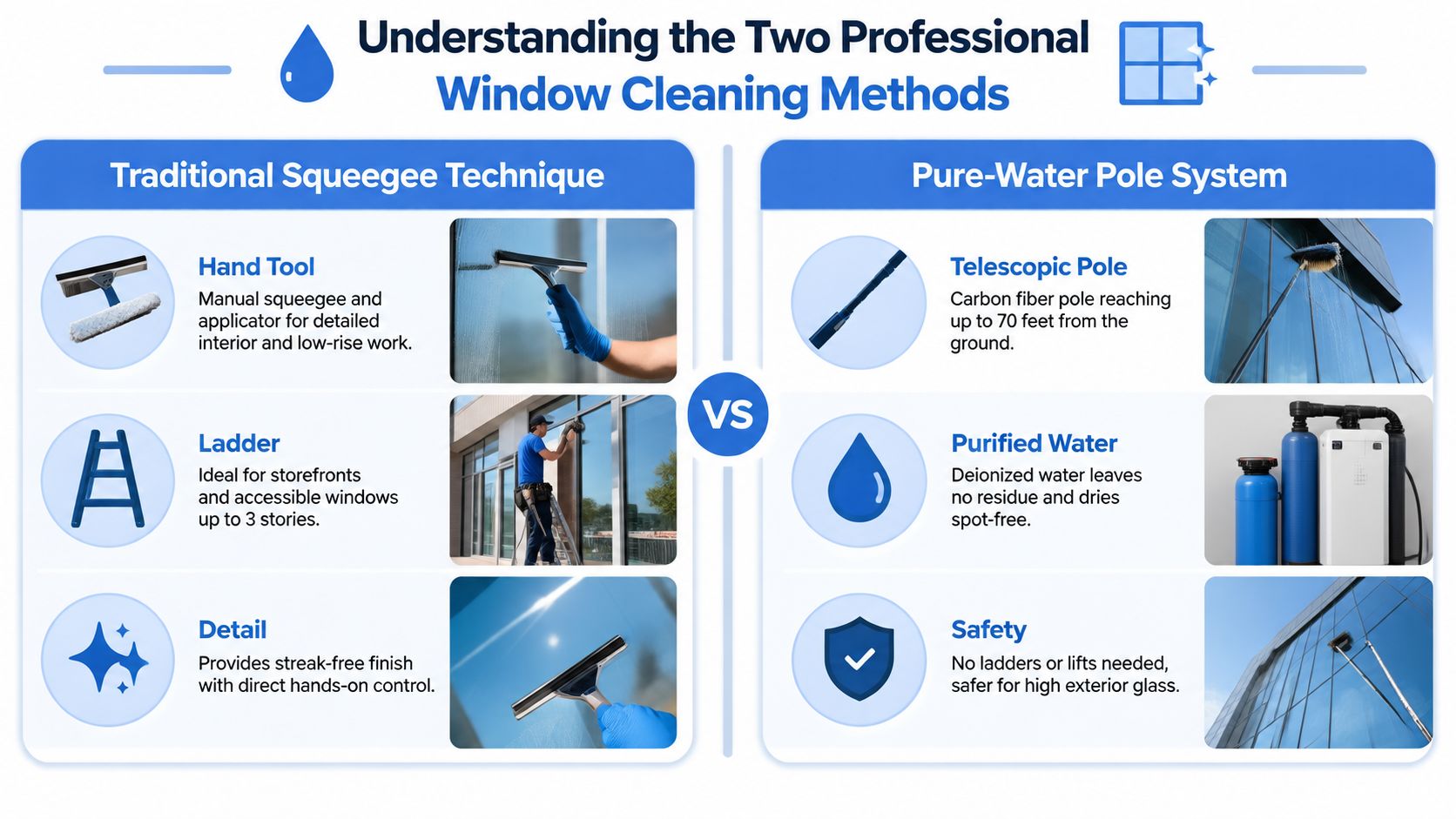A comparison infographic between traditional squeegee cleaning techniques and modern pure-water pole systems for window maintenance.