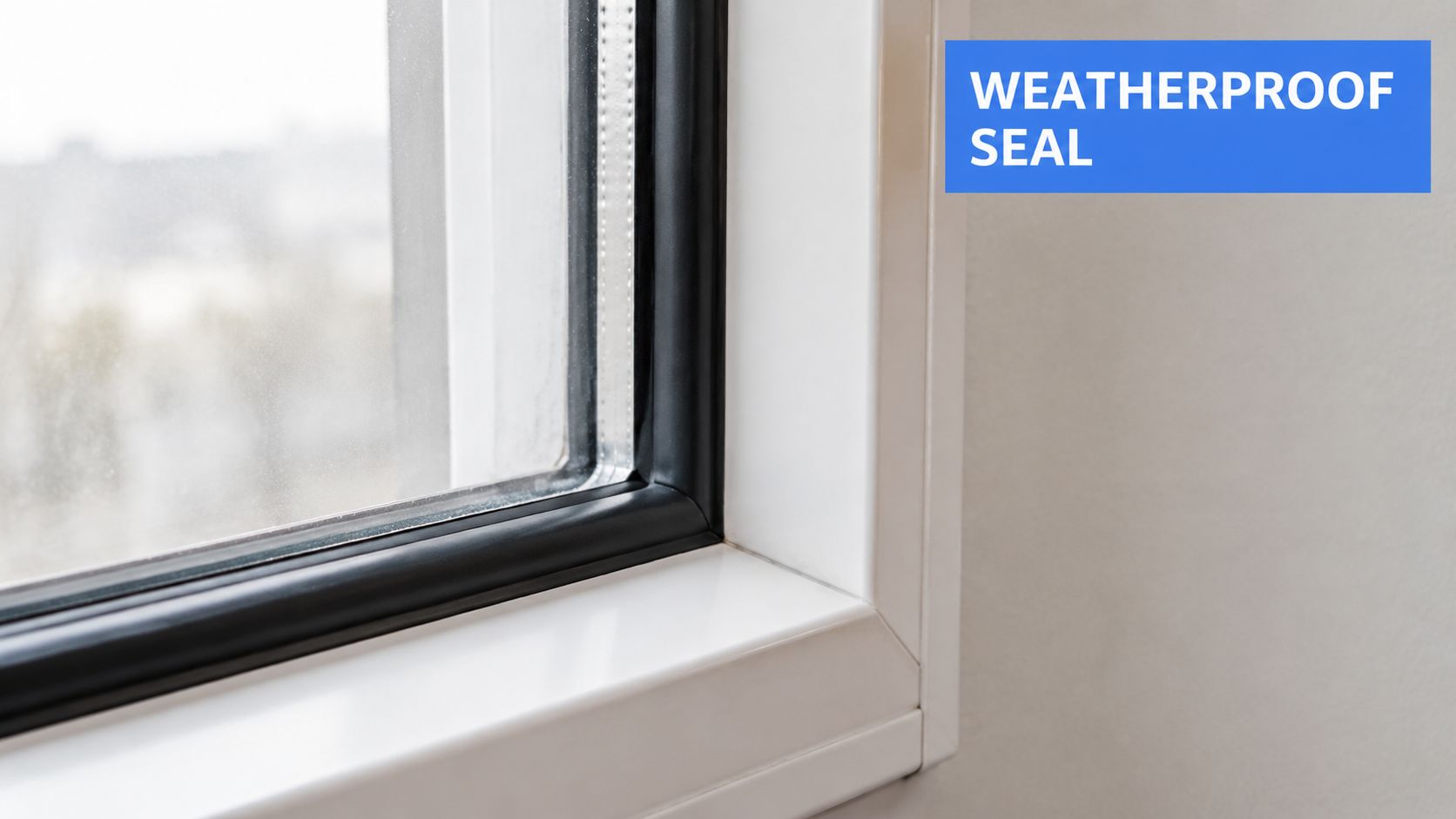 A close-up view of a high-quality weatherproof seal installed on a white modern window frame.