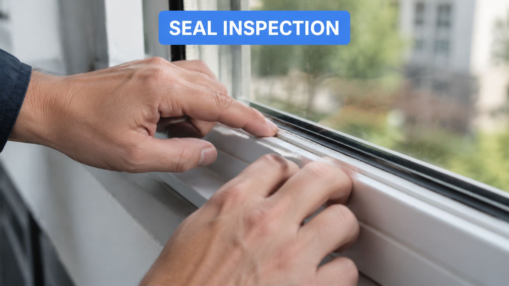 A professional technician carefully inspecting the glass sealant of a window frame for maintenance and quality control.