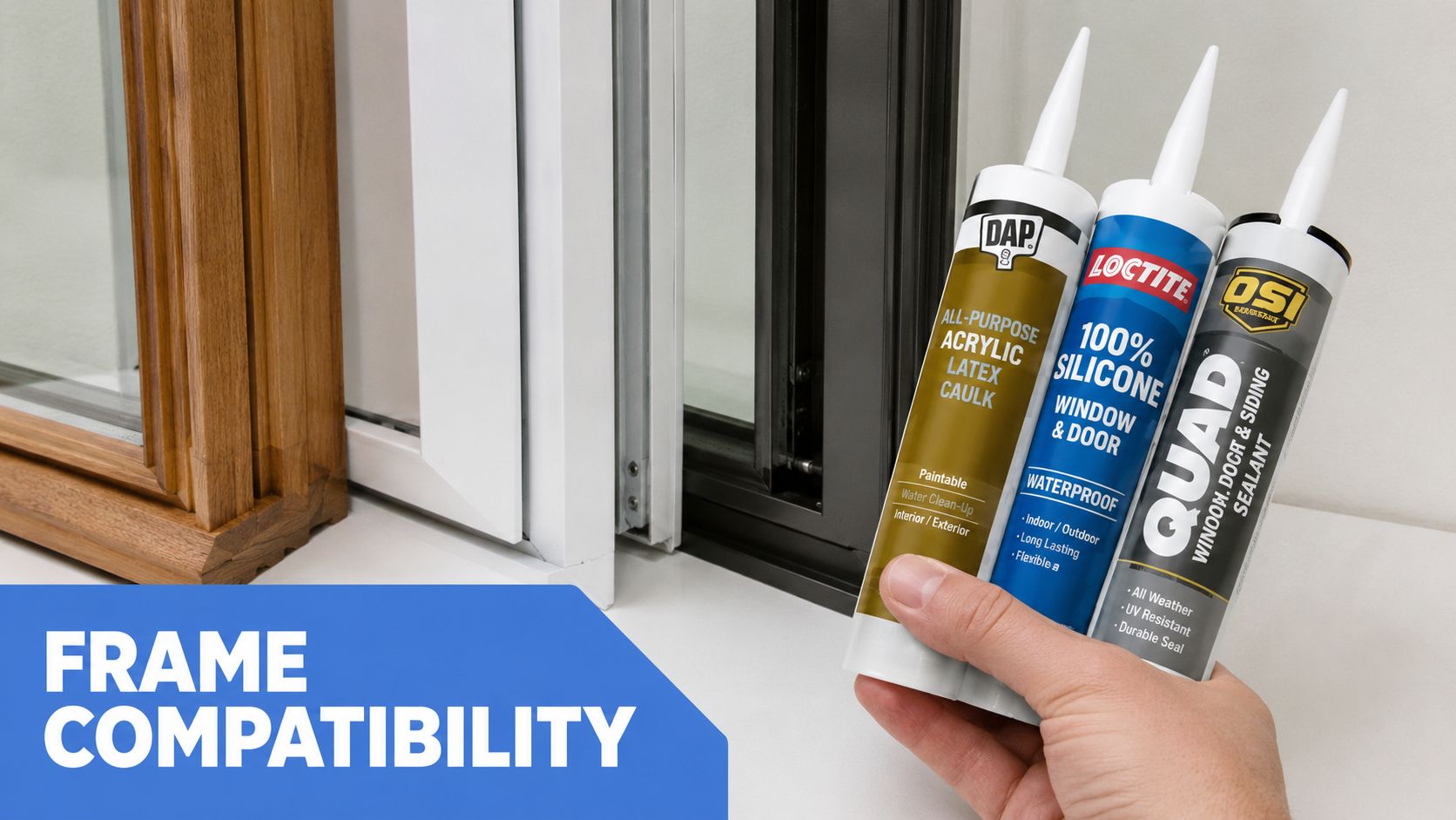 A hand holding three different tubes of sealant in front of wooden, white, and black window frames.