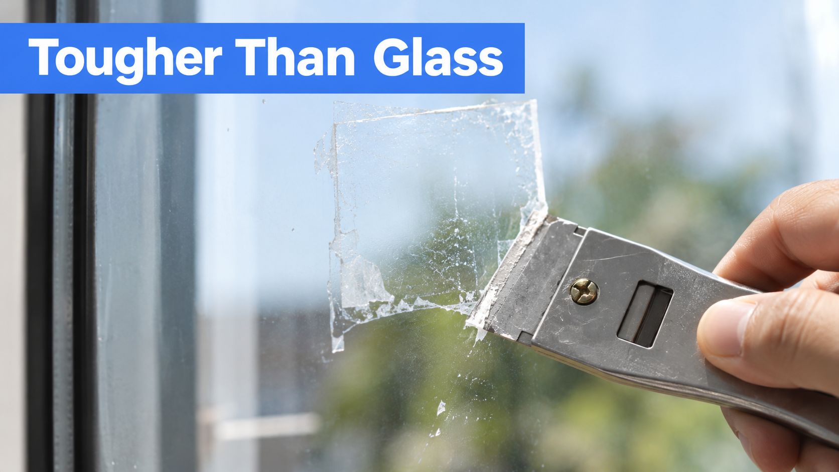 A close-up view of a metal scraper removing a layer of adhesive film from a glass window.