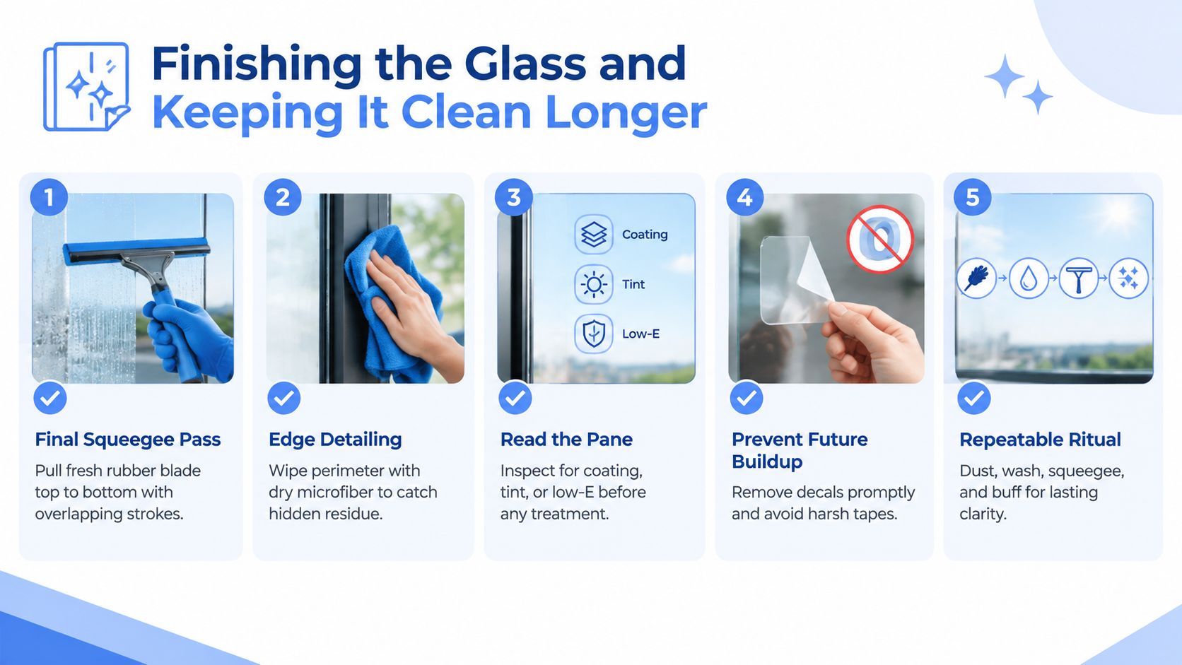 An infographic showing five essential steps for professional glass cleaning and maintaining long-lasting clear window surfaces.