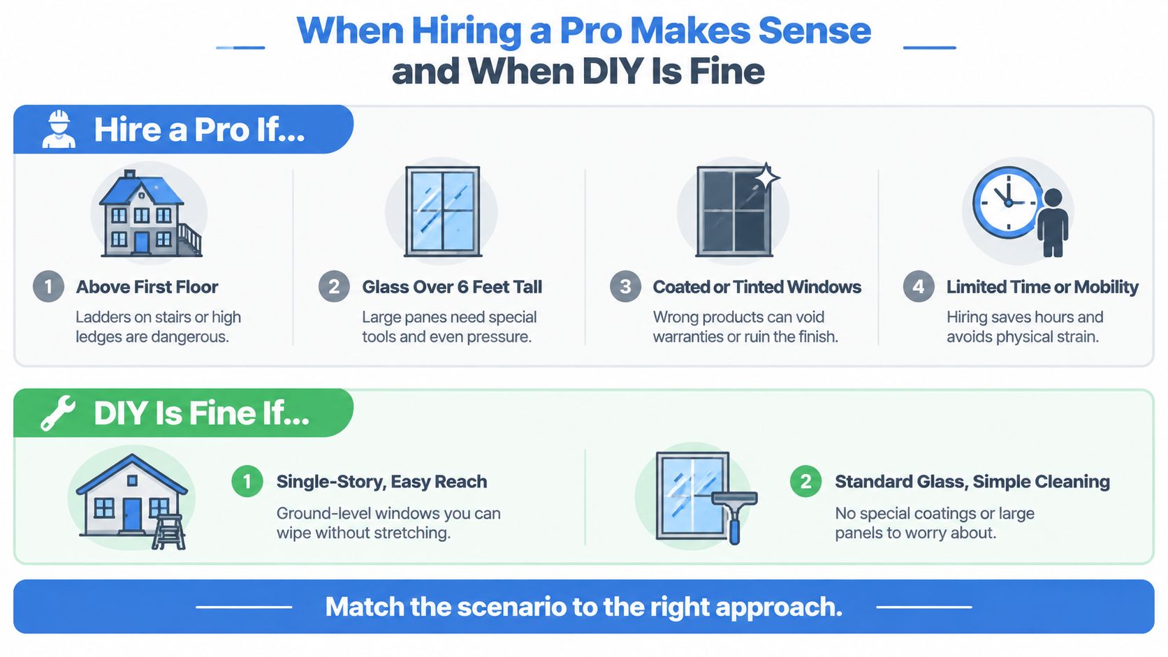 An infographic comparing when to hire a professional window cleaner versus when to do it yourself.