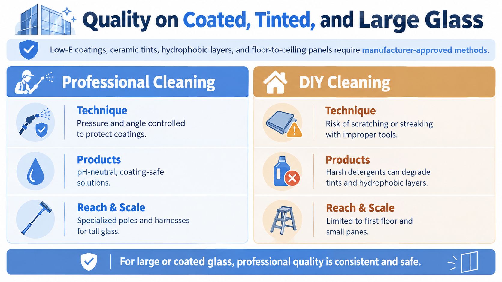 A comparison chart showing the benefits of professional window cleaning versus the risks of DIY methods.