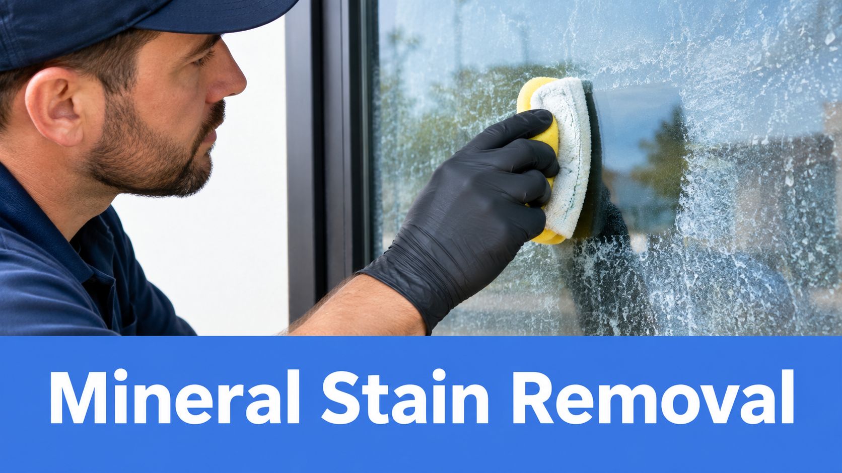A professional technician wearing black gloves cleans mineral stains from a commercial glass window pane.