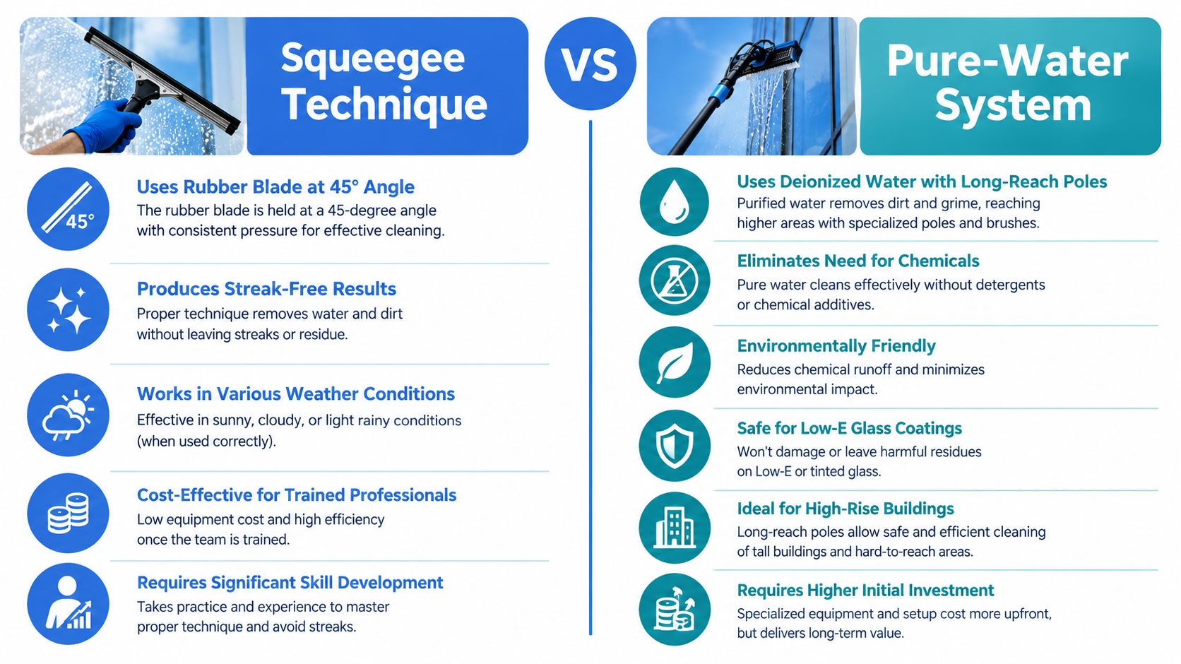 A comparison infographic between squeegee window cleaning techniques and professional pure-water cleaning systems for building maintenance.