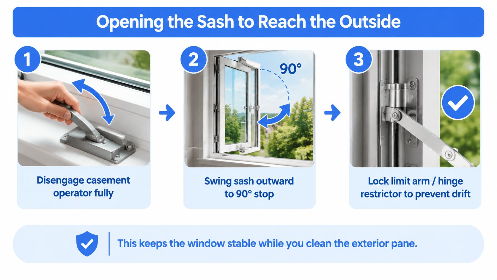 A three-step instructional guide on how to safely open a casement window for exterior glass cleaning.