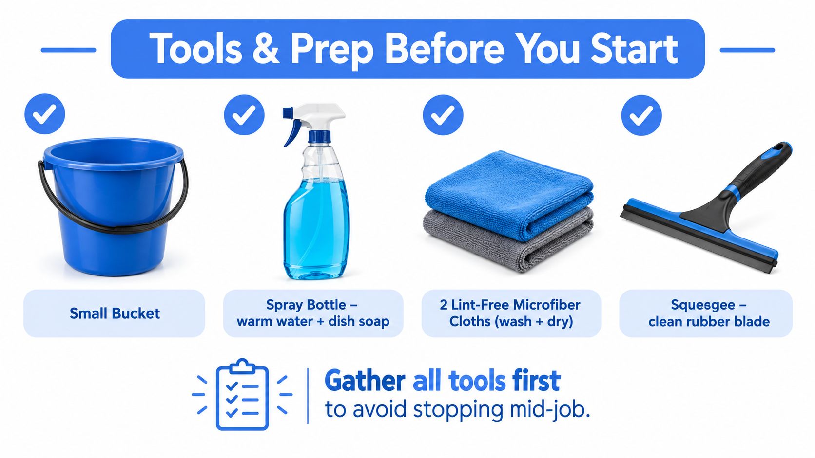 A list of tools for window cleaning including a bucket, spray bottle, microfiber cloths, and a squeegee.