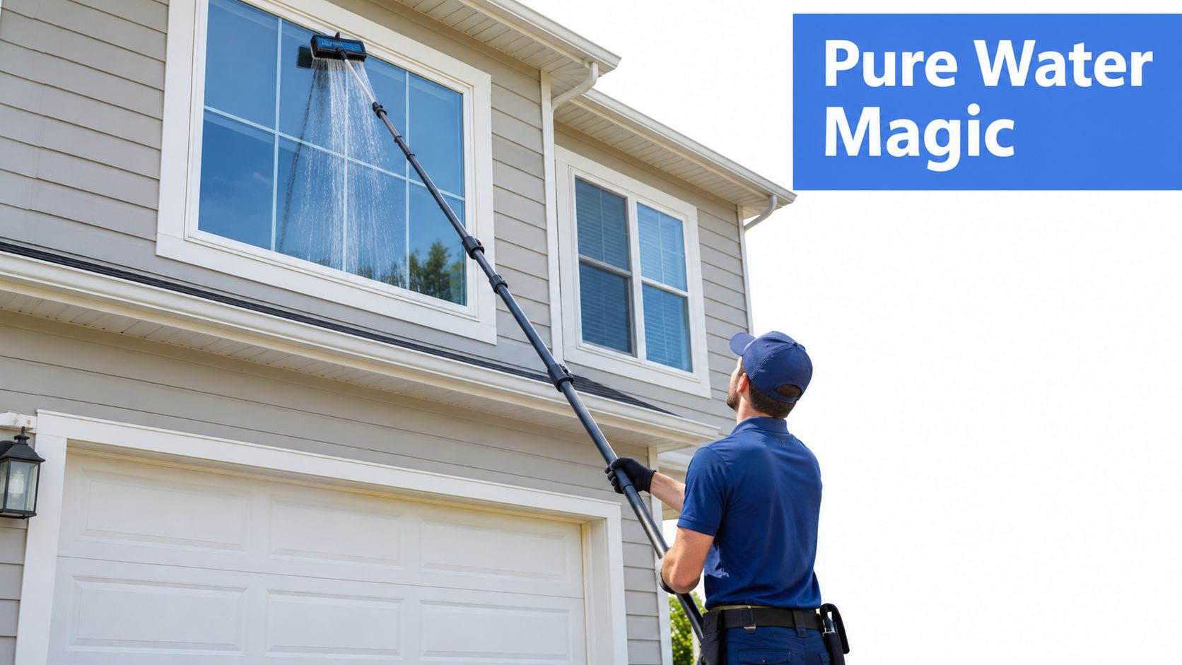 A professional window cleaner uses an extended pole and purified water to clean a house window.