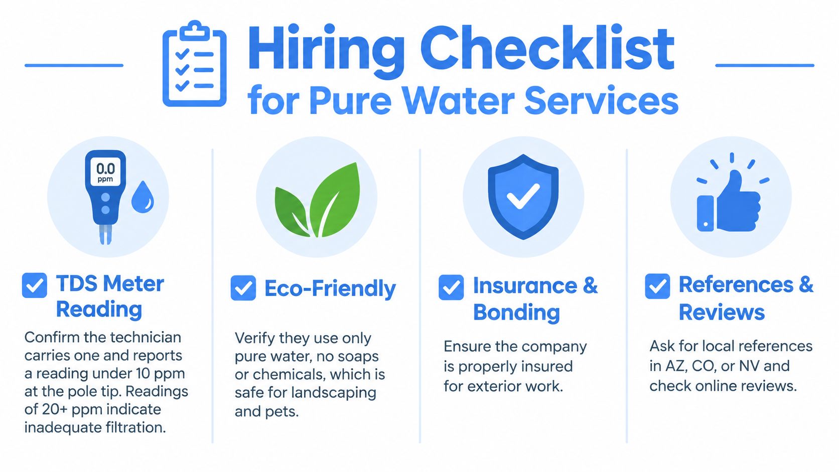 A hiring checklist for choosing professional pure water window cleaning services, highlighting key qualification requirements.