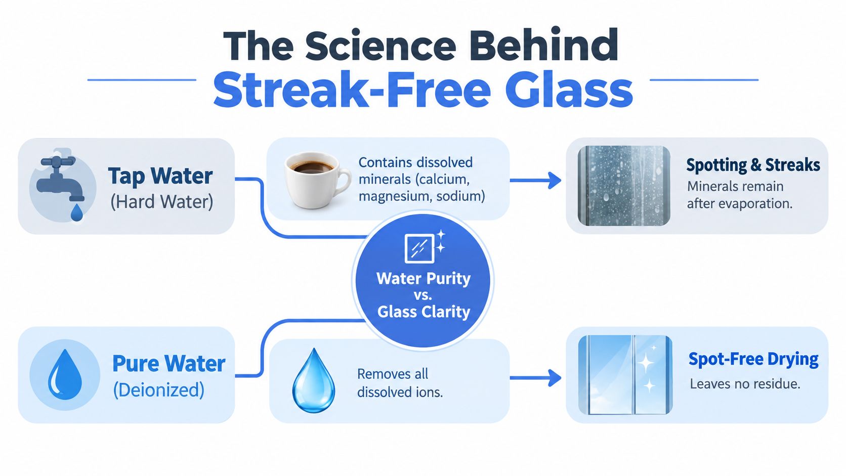 An infographic comparing tap water and deionized water for streak-free cleaning of glass surfaces.