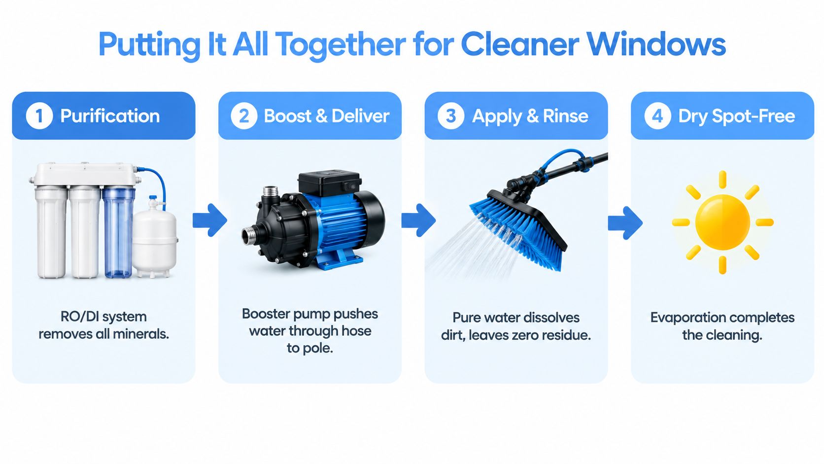 A four-step infographic illustrating the process of cleaning windows using a pure water purification system.