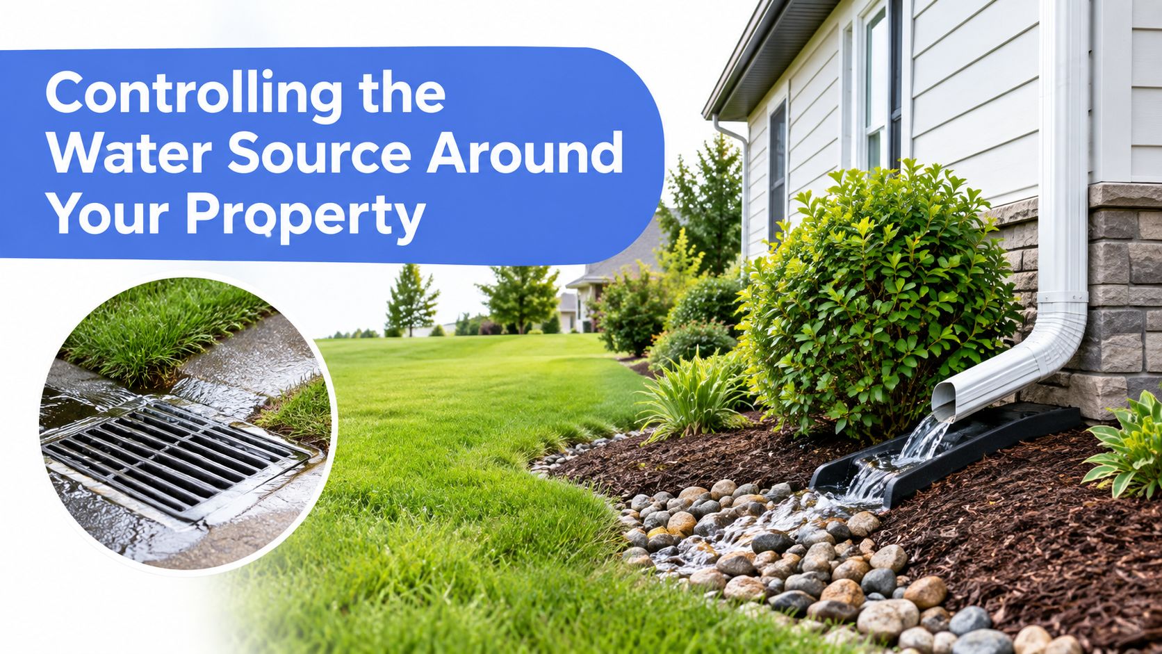 A gutter downspout directs rainwater into a rocky drainage path next to a residential house exterior.