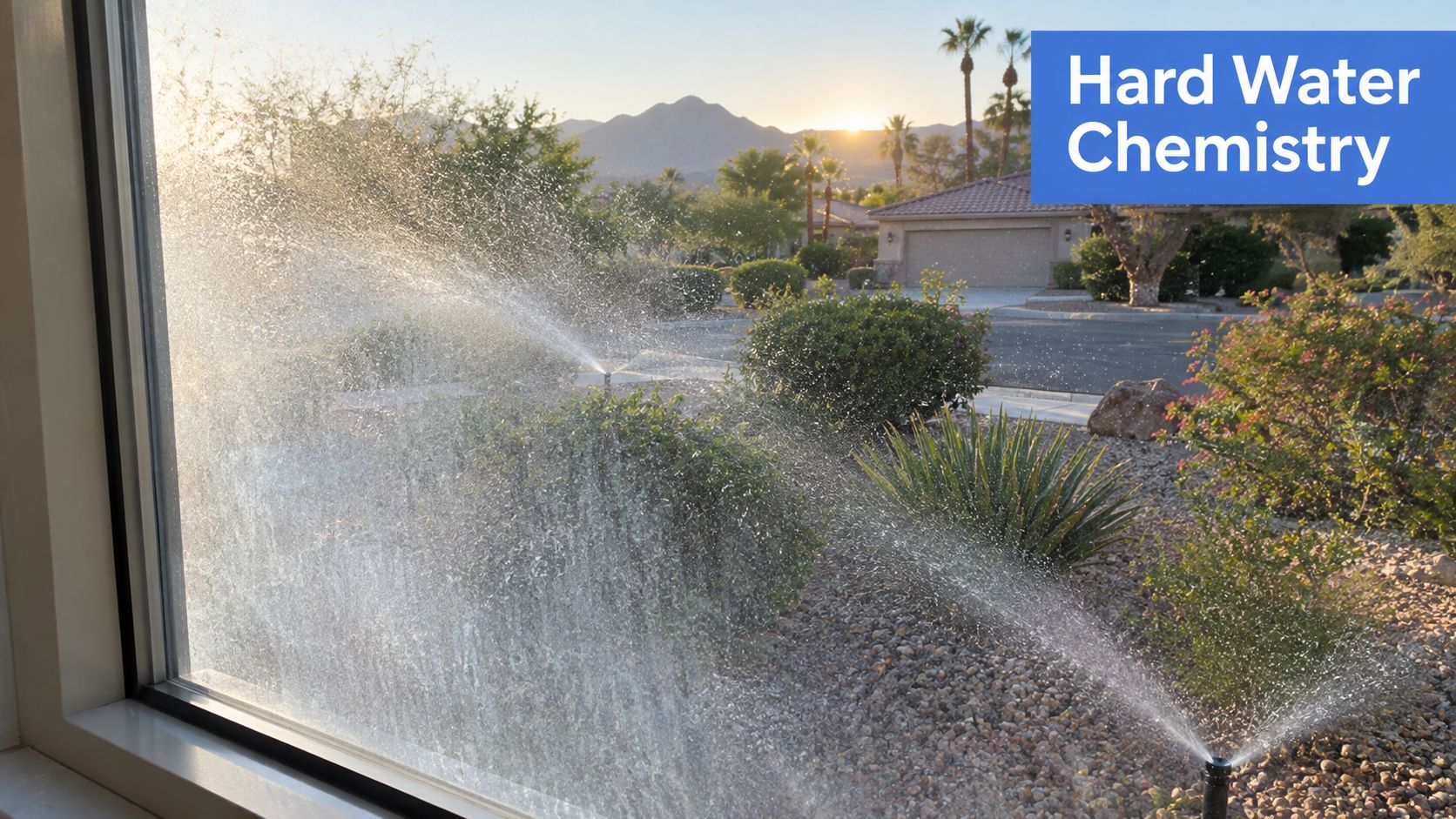A residential window covered in hard water stains while being sprayed by a garden irrigation sprinkler system.