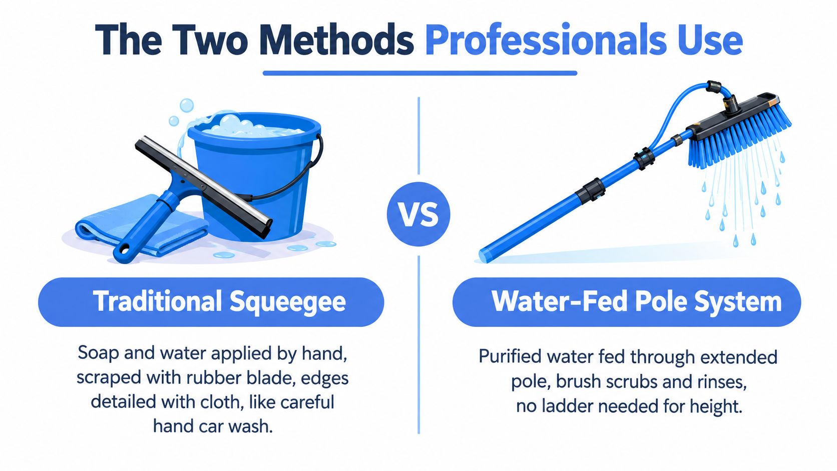 An infographic comparing the traditional squeegee method and the water-fed pole system for professional window cleaning.
